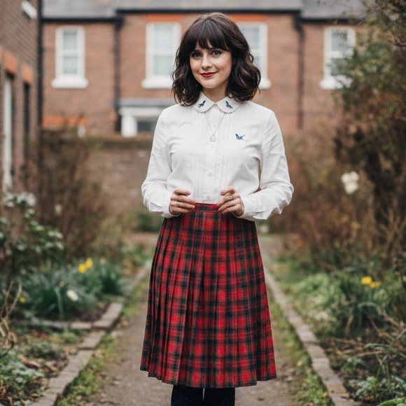 Vintage Appleseed’s Red Tartan A-line Plaid Pleated Midi Skirt 14 Academia Twee - Picture 3 of 7